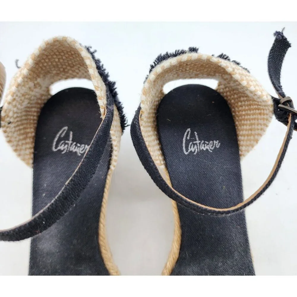 CASTANER Open Toe Ankle Strap Wedge Sandals Espadrille‎ Shoes Black/Beige Size 6